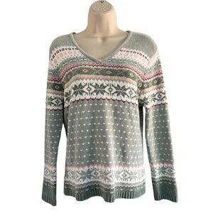 VTG Kikit Woman's Sz M Sage Green & Pink Snowflake Christmas Sweater Pullover